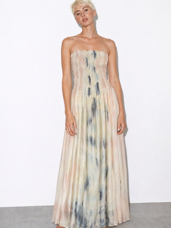 Young Fabulous & Broke Dresses & Skirts - Strapless Tie-Dye Smocked Maxi Dress - Cream & Blue